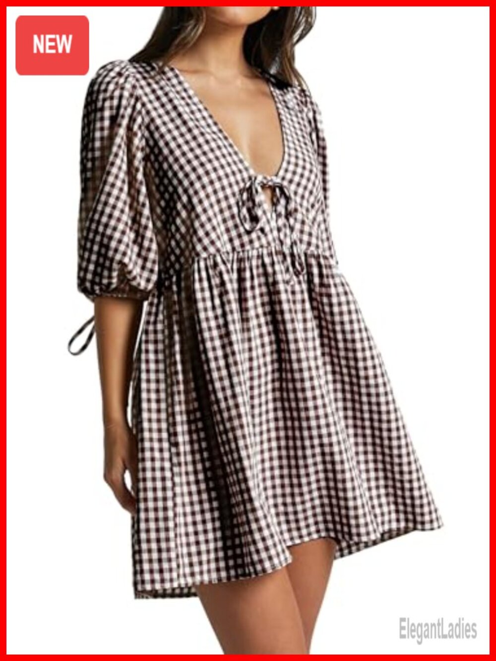 Women's Gingham Puff Sleeve Tie Front Babydoll Mini Dress